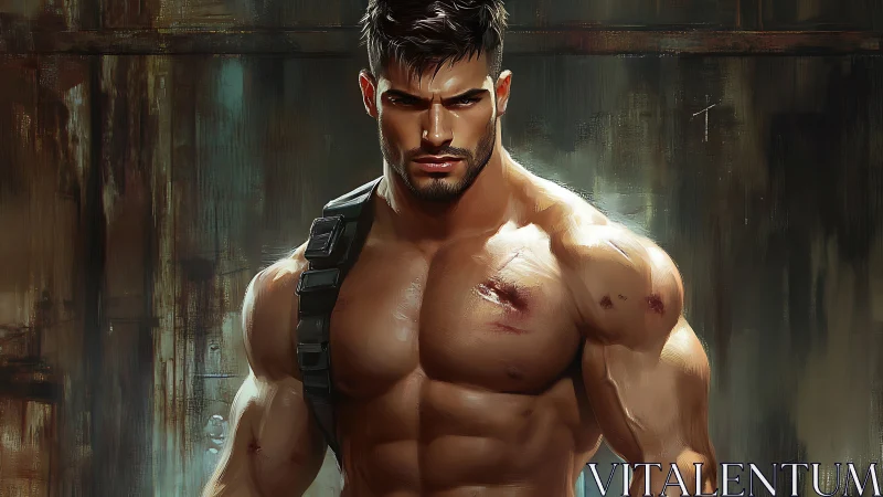 Battle-scarred muscular warrior in painterly digital chiaroscuro.