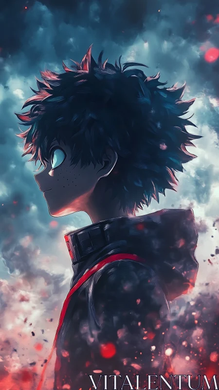 Stormlit anime boy gazes ahead with quiet heroic resolve