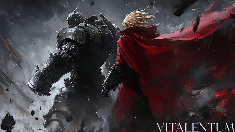 Armored giant and red‑cloaked fighter in stormy battle