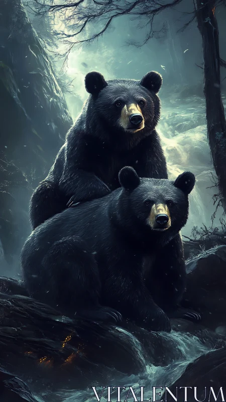Two black bears rendered in dramatic digital forest lighting