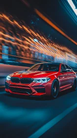 Red sports sedan gliding through neon city night streets.