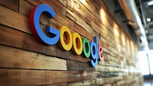 Google logo decorates modern wooden office hallway wall.