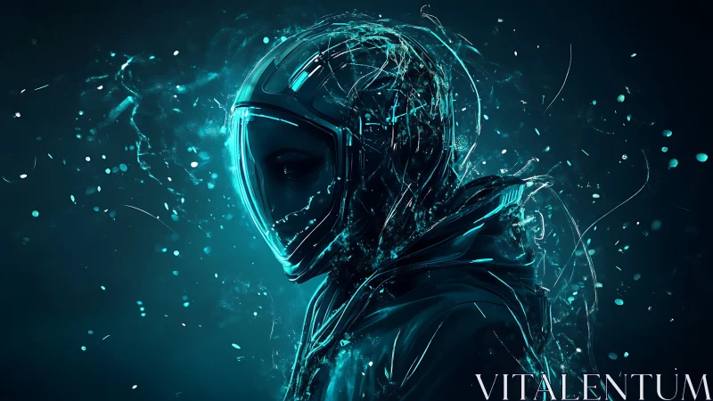 Futuristic hooded figure in glowing teal digital helmet.