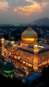 Aerial dusk view of illuminated golden-domed Islamic shrine complex