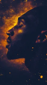 Peaceful side profile glowing in warm cosmic light.