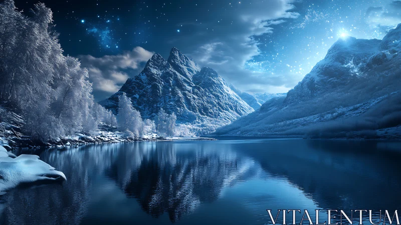 Moonlit winter mountains glow softly above a glassy lake