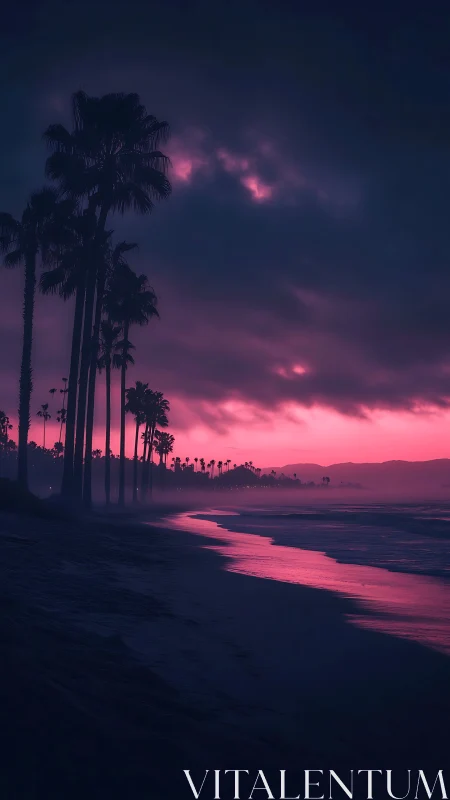 Neon dusk shoreline with silhouetted palm trees at twilight.