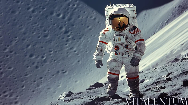 Moonwalker explores cratered lunar ridge under hard light.