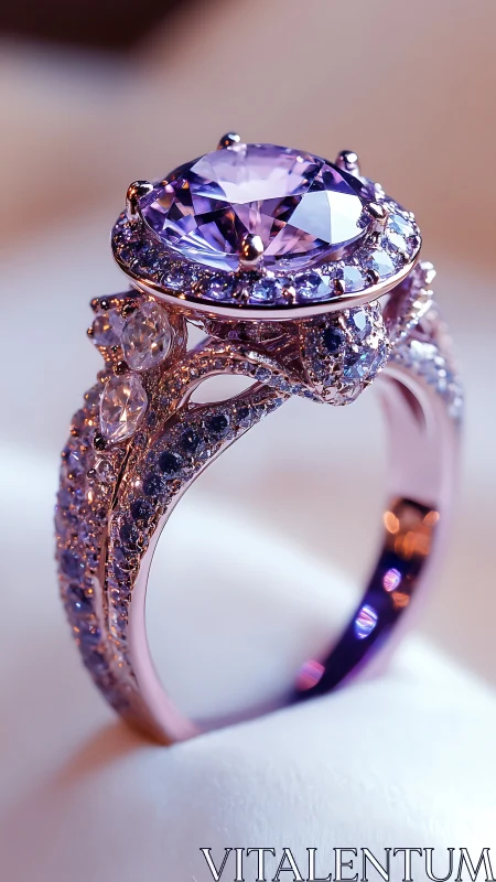 Lavender gemstone halo ring on rose gold pav&eacute; band.