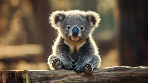 Young koala sitting on log in soft forest light.