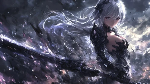 Armored silver haired swordswoman amid dynamic particle storm