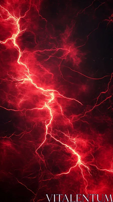 Crimson lightning bolt splitting dark storm sky vertically.