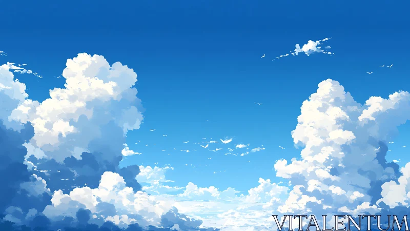 Towering summer clouds under clear deep blue sky.