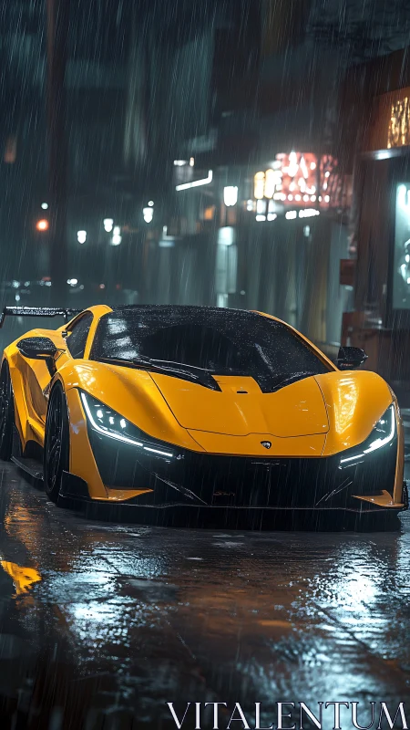 Midnight rain crowns a neon-lit yellow supercar with menace
