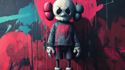 Graffiti-style skull character stands amid neon dripping paint