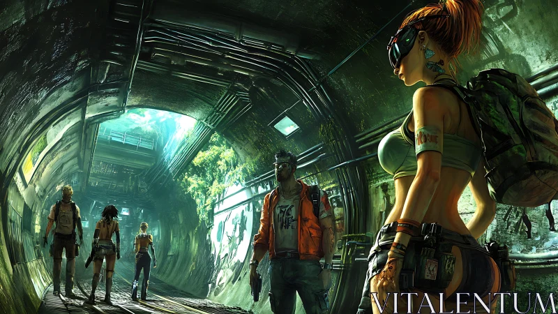 Ragtag explorers trace bold paths through a neon green tunnel