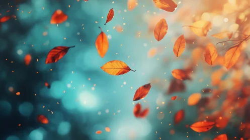 Orange autumn leaves floating against soft teal light.
