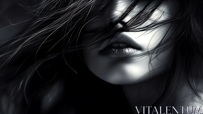 Monochrome close-up portrait with obscured lips and hair.
