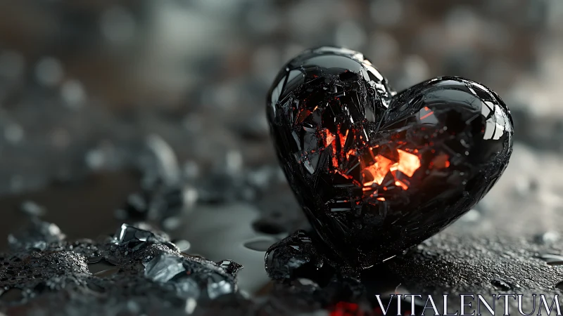 Crystalline heart glowing with inner fire against dark surface.