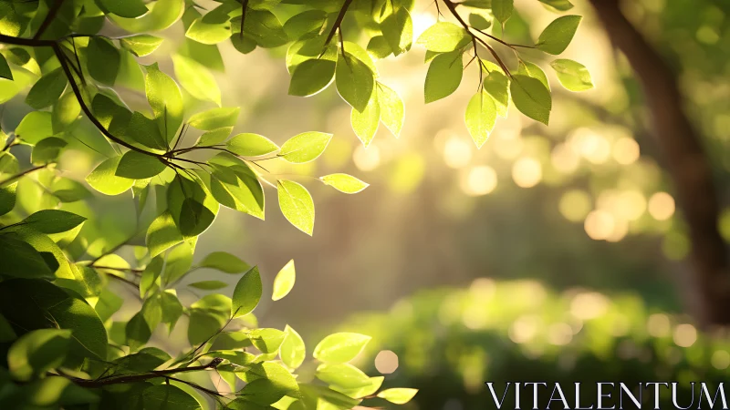 Backlit green foliage with warm sunrise bokeh glow.