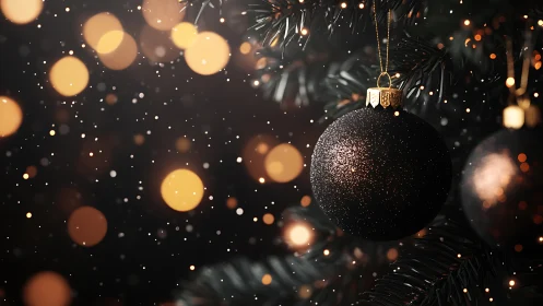 Black Christmas bauble glows amid warm festive bokeh lights.