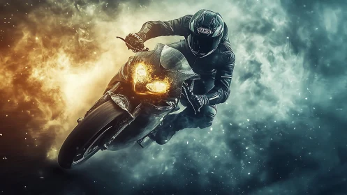 Roaring sport bike surges ahead through swirling fire and mist
