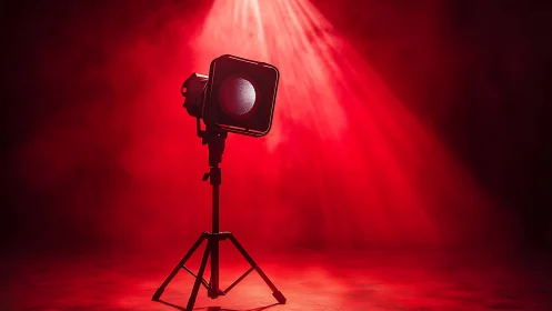 Studio spotlight cuts through dense atmospheric red haze.