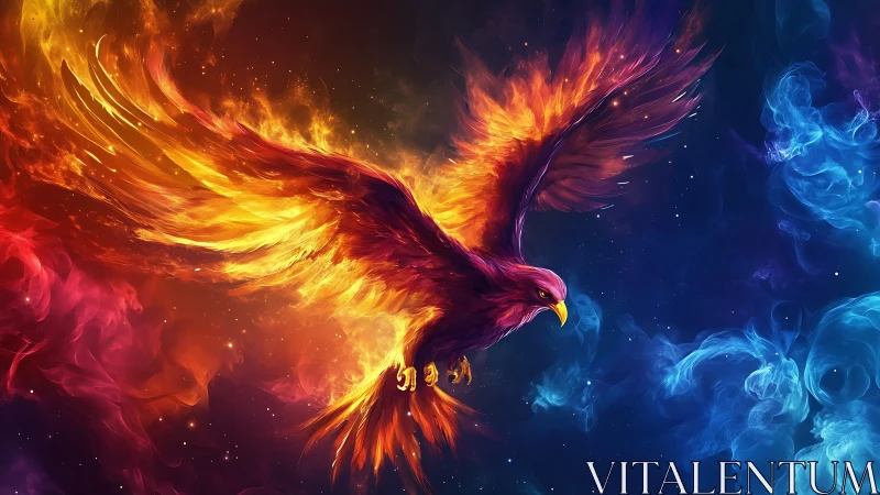 Majestic fiery phoenix soaring in vibrant fantasy digital art.