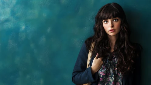 Young woman with long dark hair in floral shirt, modern portrait.