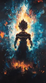 Silhouetted energy warrior stands within blazing cosmic aura