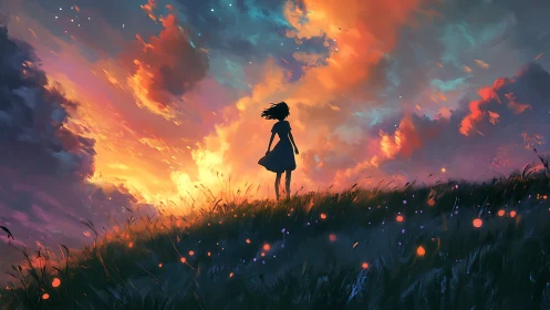 Girl on a glowing hillside beneath a dreamy sunset sky.