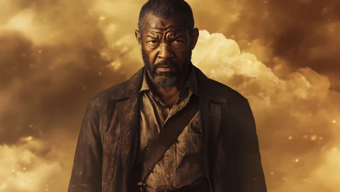 Middle aged man stands against dramatic golden clouds