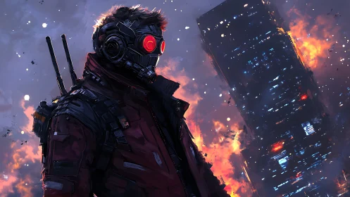 Lone cyber soldier watches a burning neon tower at dusk