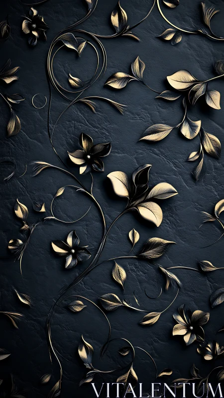 Gilded floral arabesque on textured midnight slate wall.
