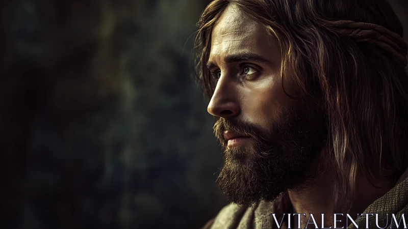 Soft side-lit bearded man in contemplative profile portrait.