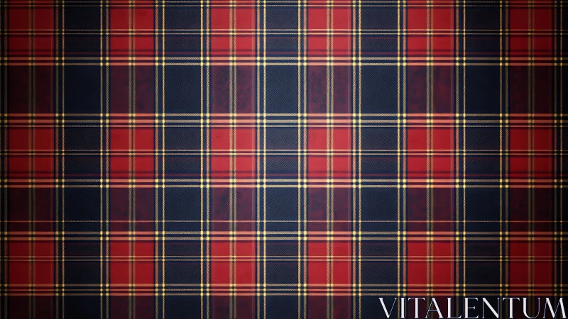 Symmetric red and navy tartan textile with fine yellow pinstripes