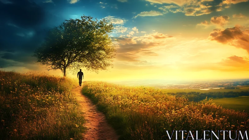 Solitary figure walks a sunlit hill path toward horizon.