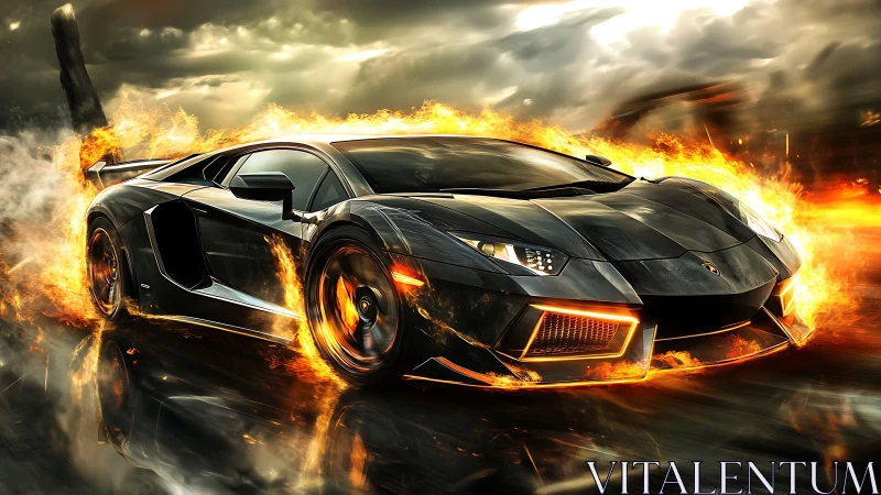 Fire-lit supercar slicing through a stormy night street.