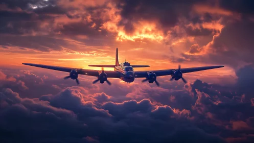 Vintage four‑engine bomber aircraft over sunset clouds.