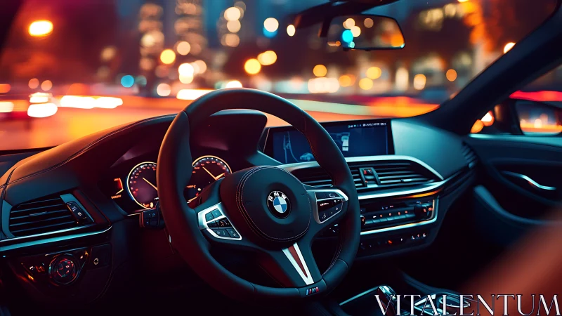 Night city drive from sleek BMW cockpit perspective.