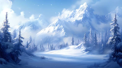 Snow covered conifer forest before distant alpine peaks.