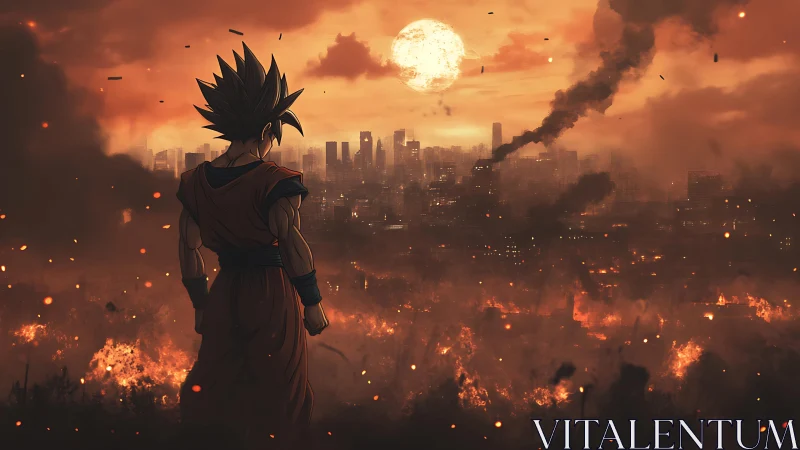Warrior overlooking burning futuristic city at dusk.