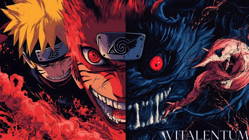 Dual split composition of ninja figure and red beast form.