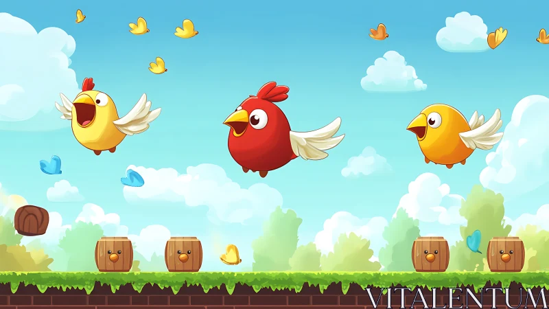 Cartoon birds with feathered wings flying through clouded sky with game environment
