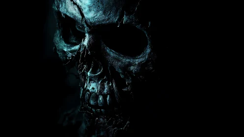 Corroded metallic skull in low key cyan rim lighting study.