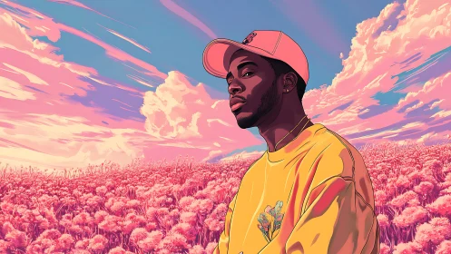 Soft sunset colors embrace a calm young man in flower fields