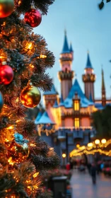 Castle-front Christmas lights twinkling in storybook dusk.
