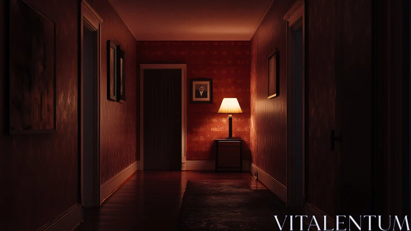 Lamplit red hallway holding its breath in quiet suspense.