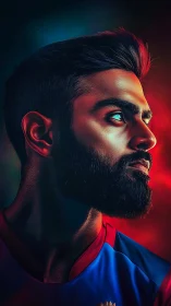 Heroic portrait of a focused bearded athlete in bold light.