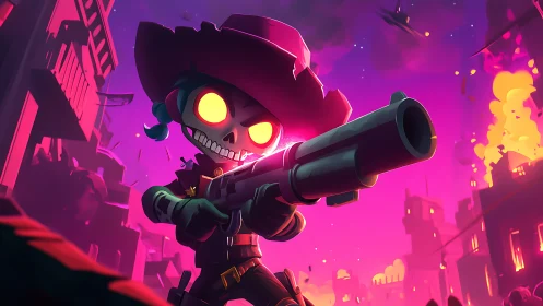Neon undead gunslinger charging through burning cityscape.